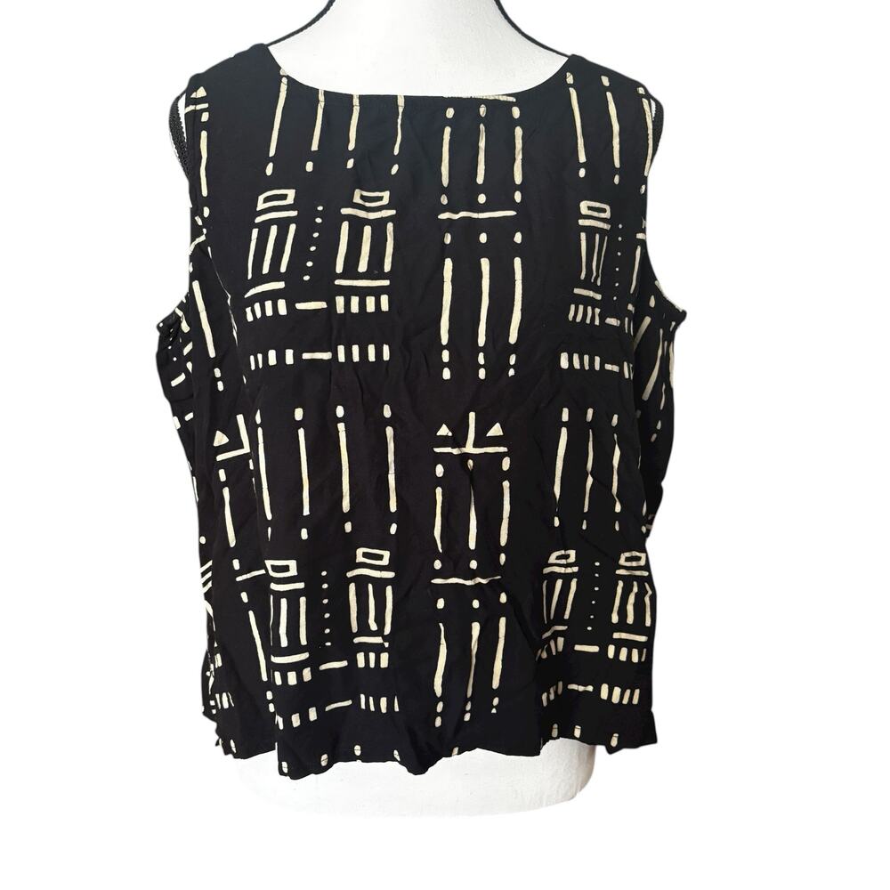 Chico's Design Blouse Womens Size 3 Large Boxy Tank Black Geometric Slit Blouse